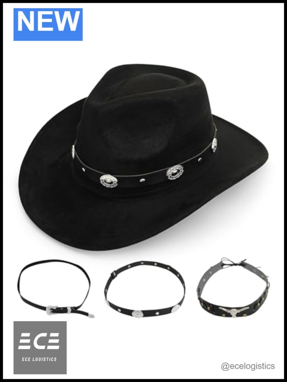 Western Cowboy Hat with 3 Decorative Bands Wide Brim Adjustable